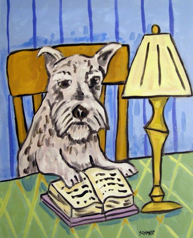 Pintura de un schnauzer con una lámpara amarilla