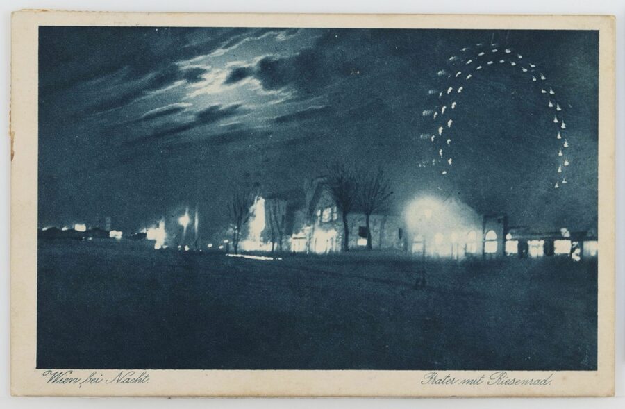 Postal del Prater de Viena de noche, con la rueda iluminada